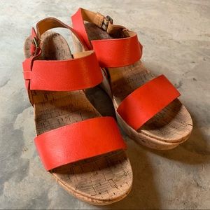 Kork-Ease Austin red / orange leather buckle strap cork wedge slingback sandals